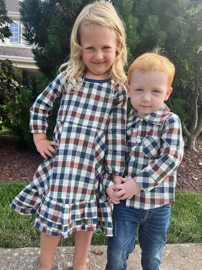 RTS: Plaid girls dress or Plaid Boys shirt