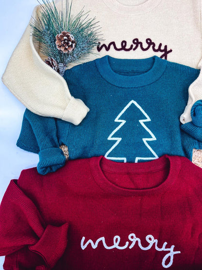 RTS: Rope Embroidered Merry Sweaters (adult and kid)!