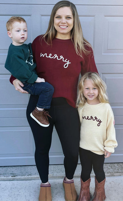 RTS: Rope Embroidered Merry Sweaters (adult and kid)!