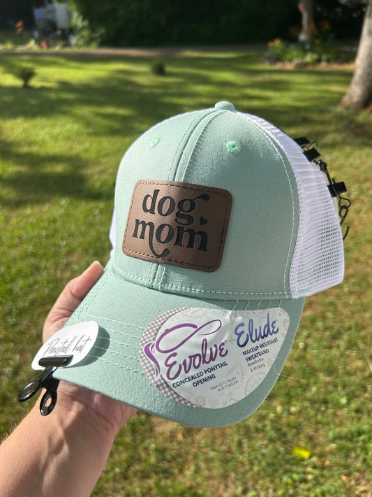 Teal ponytail hat with dog mom patch