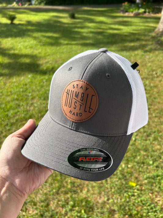 Grey/white fitted hat with stay humble patch