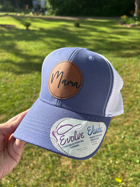 Periwinkle ponytail hat with mama patch