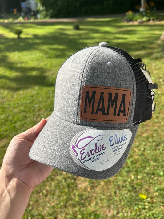 Grey ponytail hat with mama patch