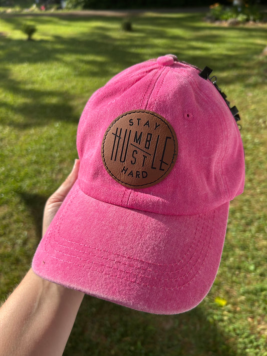 Pink ponytail hat with stay humble patch