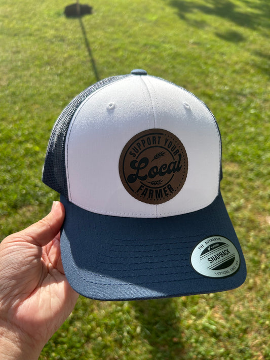 Navy/white hat with support local farmers patch